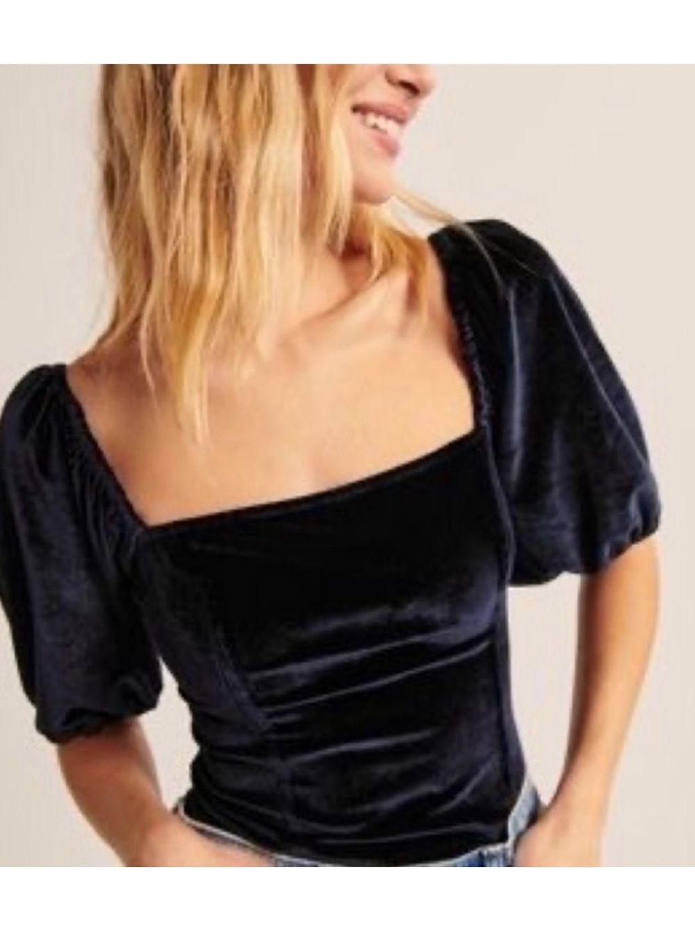 Abercrombie & Fitch Stretch Velvet Puff Sleeve Squareneck Top